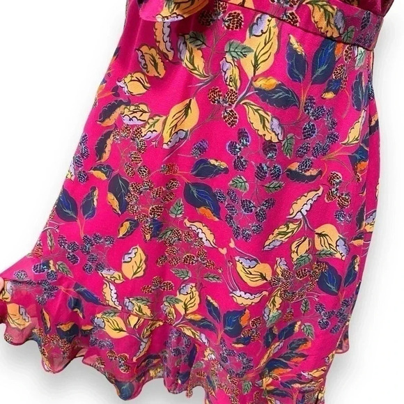 SALONI Cece 100% Silk Dark Pink Berry Printed Ruffle V Neck Mini Dress Size 6 - Picture 7 of 11